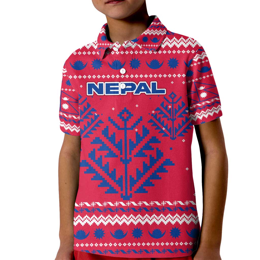 Nepal Christmas Kid Polo Shirt with Red-Blue Design, National Emblem, and Snowflake Motif - Wonder Print Shop