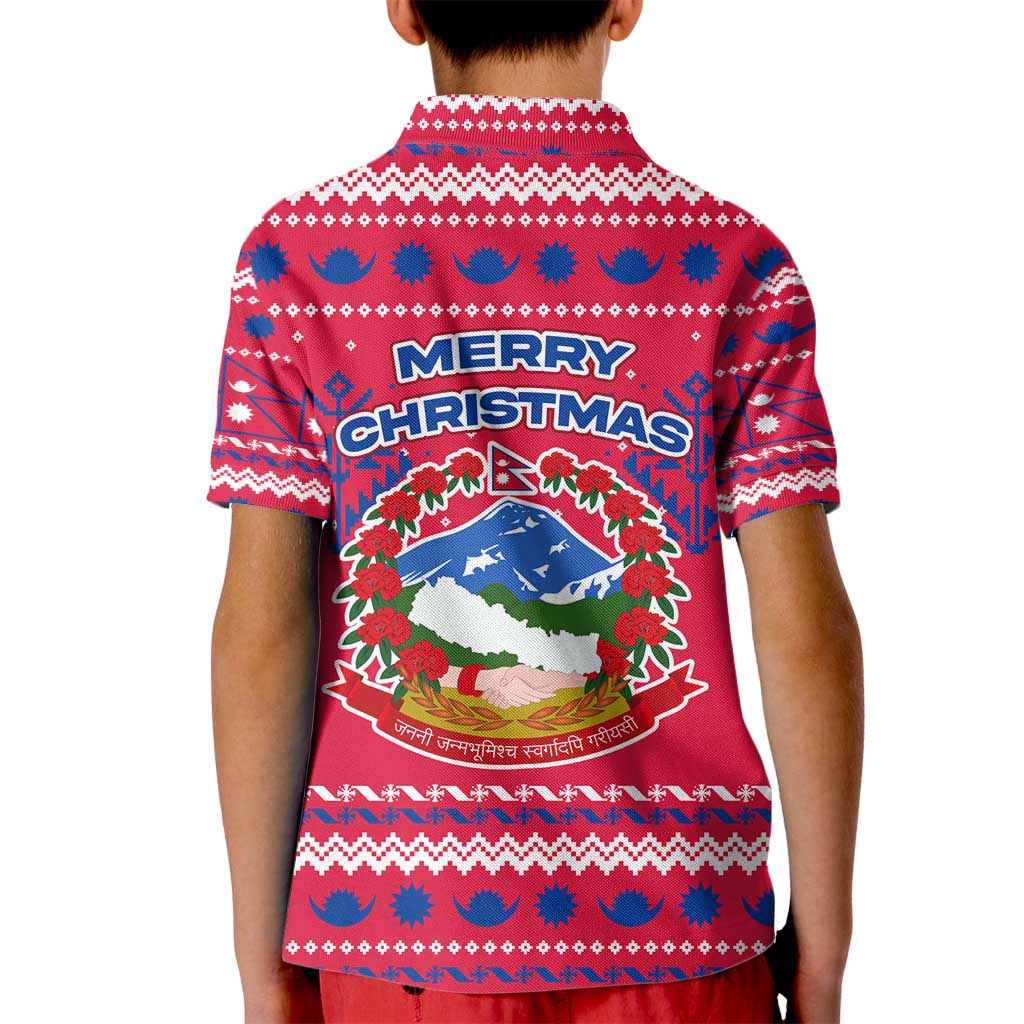 Nepal Christmas Kid Polo Shirt with Red-Blue Design, National Emblem, and Snowflake Motif - Wonder Print Shop