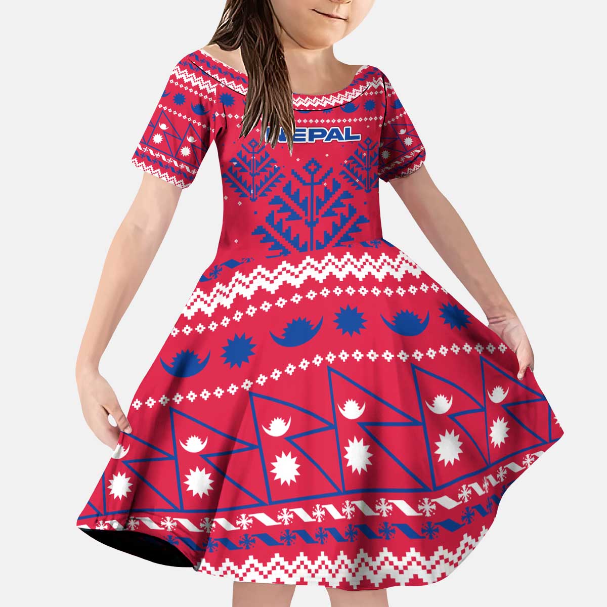 Nepal Christmas Kid Short Sleeve Dress with Red-Blue Design, National Emblem, and Snowflake Motif - Wonder Print Shop