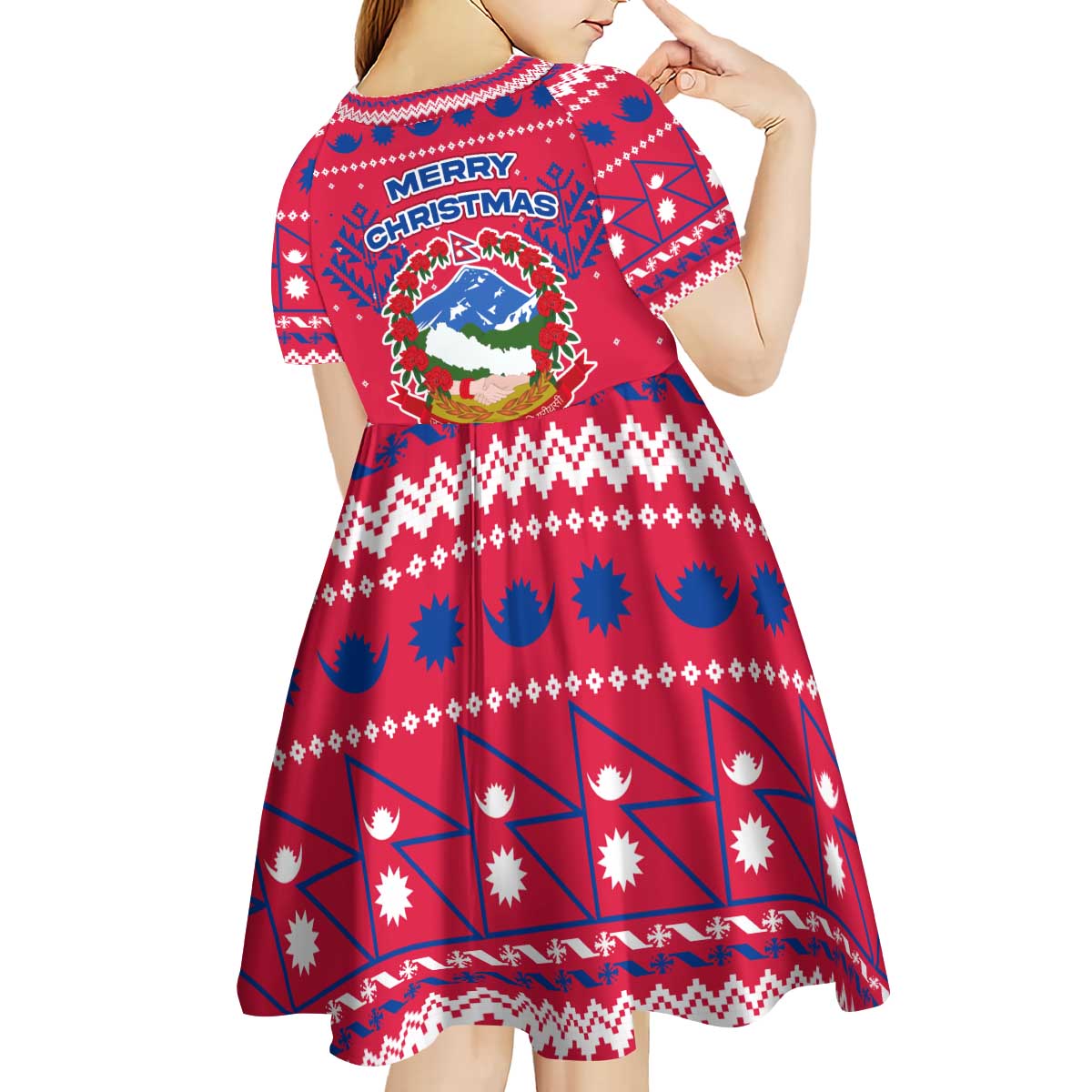 Nepal Christmas Kid Short Sleeve Dress with Red-Blue Design, National Emblem, and Snowflake Motif - Wonder Print Shop