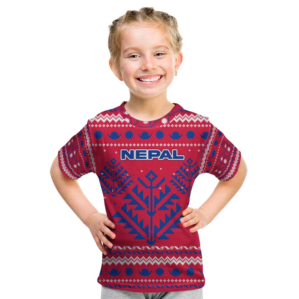 Nepal Christmas Kid T Shirt with Red-Blue Design, National Emblem, and Snowflake Motif - Wonder Print Shop