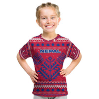 Nepal Christmas Kid T Shirt with Red-Blue Design, National Emblem, and Snowflake Motif - Wonder Print Shop