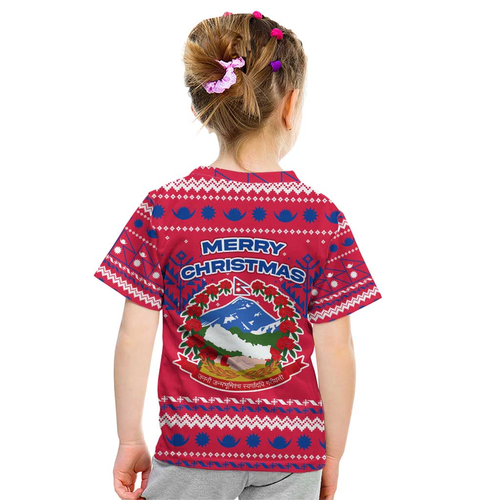 Nepal Christmas Kid T Shirt with Red-Blue Design, National Emblem, and Snowflake Motif - Wonder Print Shop