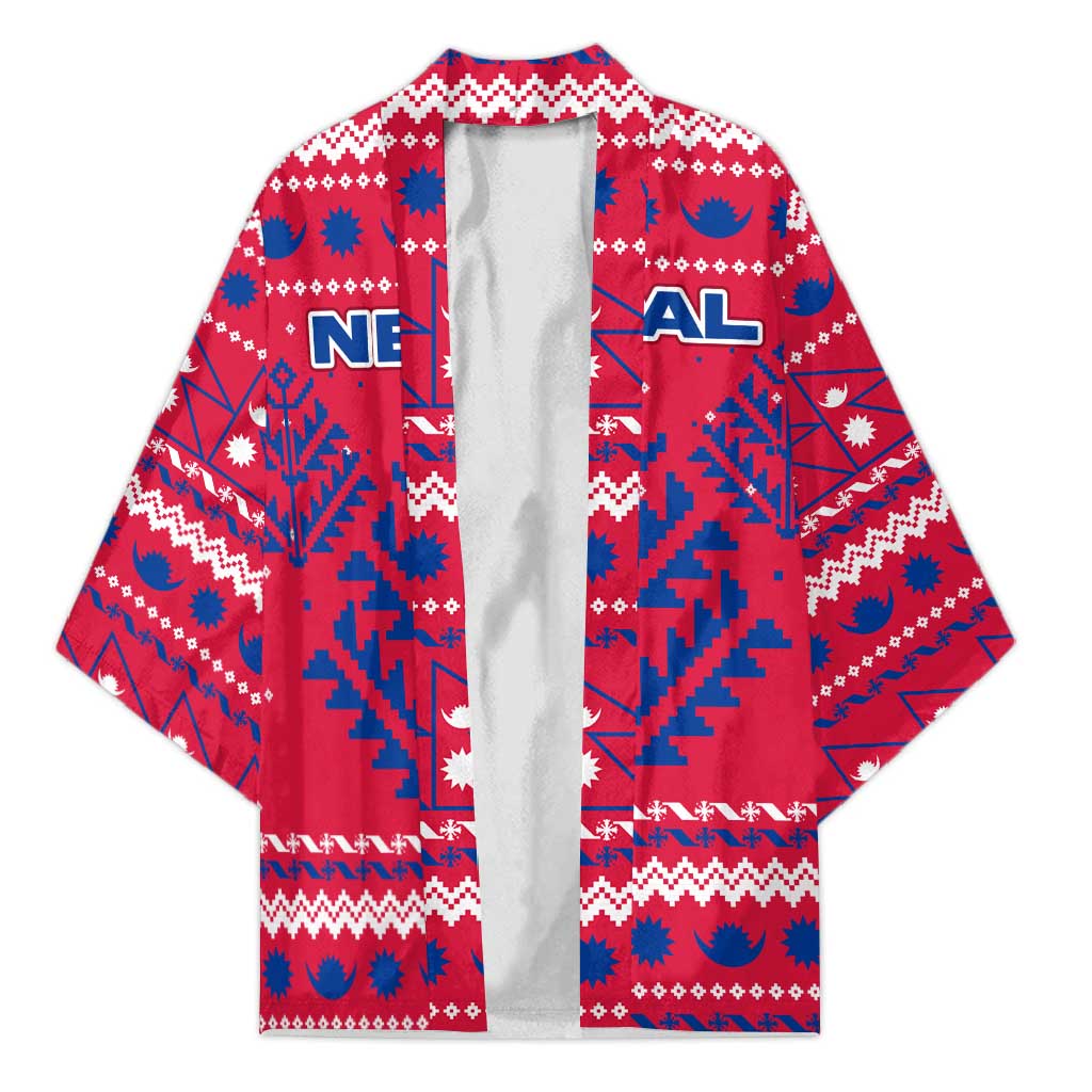 Nepal Christmas Kimono with Red-Blue Design, National Emblem, and Snowflake Motif - Wonder Print Shop