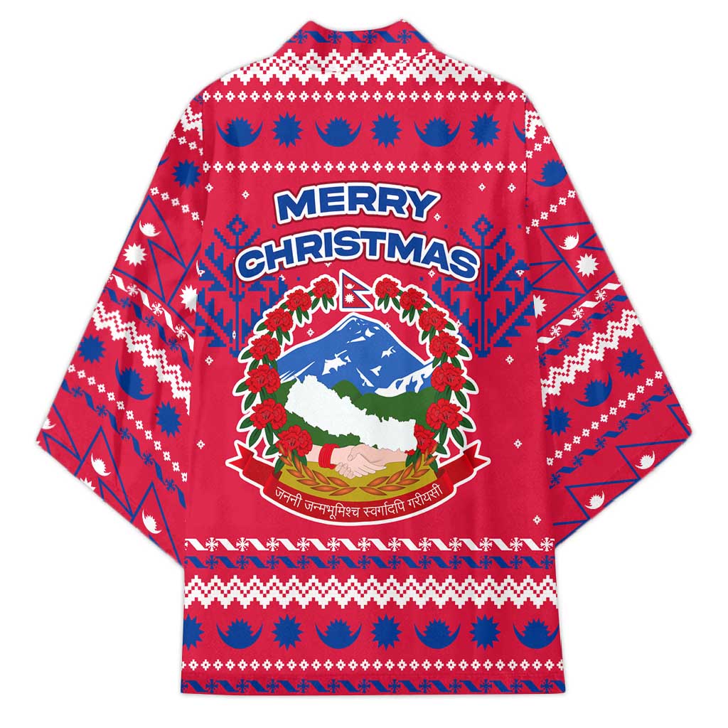 Nepal Christmas Kimono with Red-Blue Design, National Emblem, and Snowflake Motif - Wonder Print Shop