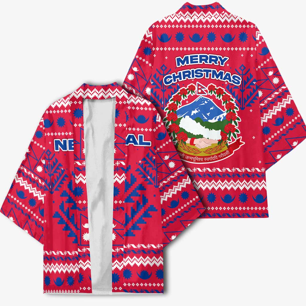 Nepal Christmas Kimono with Red-Blue Design, National Emblem, and Snowflake Motif - Wonder Print Shop