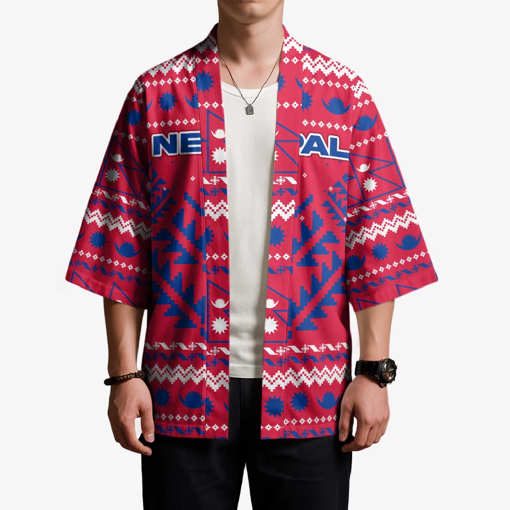 Nepal Christmas Kimono with Red-Blue Design, National Emblem, and Snowflake Motif - Wonder Print Shop