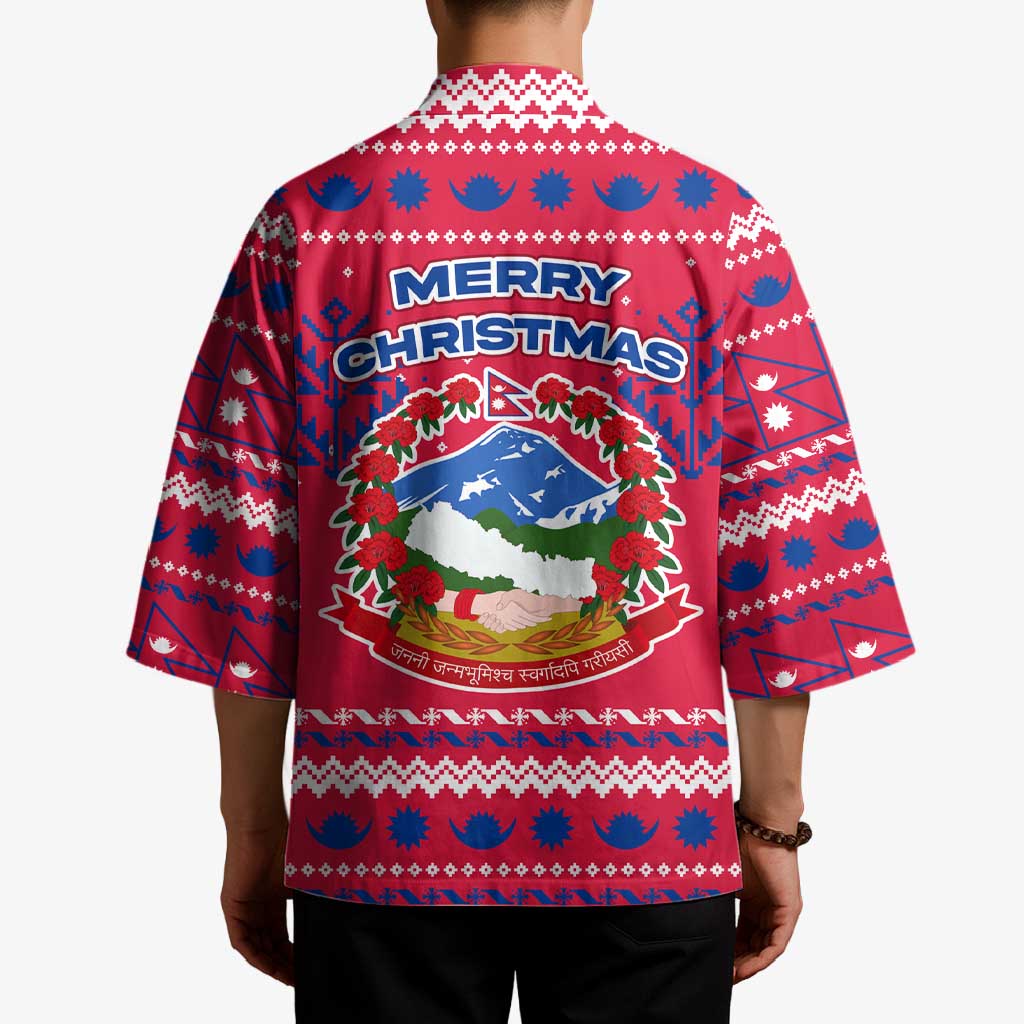 Nepal Christmas Kimono with Red-Blue Design, National Emblem, and Snowflake Motif - Wonder Print Shop