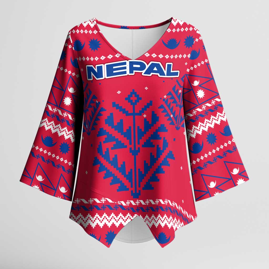 Nepal Christmas Kimono Sleeve Blouse with Red-Blue Design, National Emblem, and Snowflake Motif - Wonder Print Shop