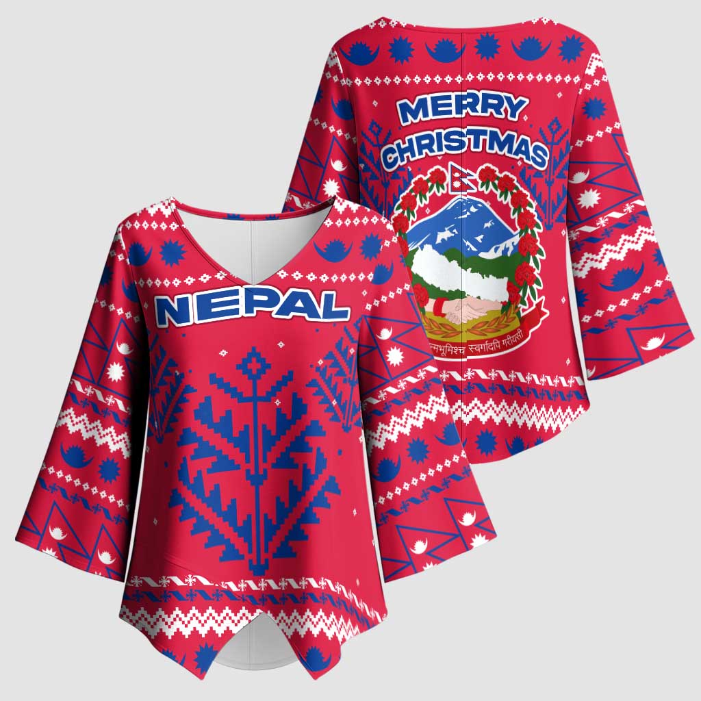 Nepal Christmas Kimono Sleeve Blouse with Red-Blue Design, National Emblem, and Snowflake Motif - Wonder Print Shop