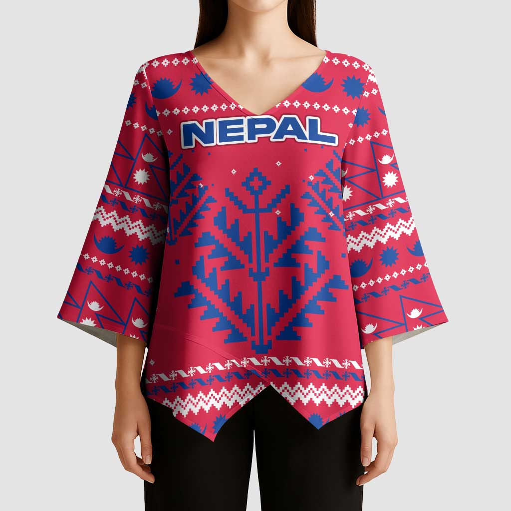 Nepal Christmas Kimono Sleeve Blouse with Red-Blue Design, National Emblem, and Snowflake Motif - Wonder Print Shop