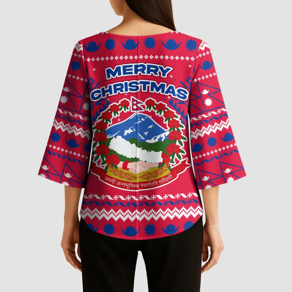 Nepal Christmas Kimono Sleeve Blouse with Red-Blue Design, National Emblem, and Snowflake Motif - Wonder Print Shop