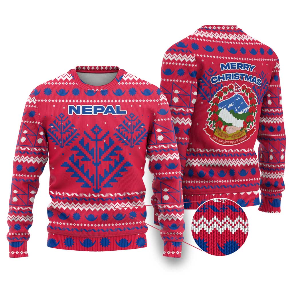 Nepal Christmas Ugly Christmas Sweater with Red-Blue Design, National Emblem, and Snowflake Motif - Wonder Print Shop