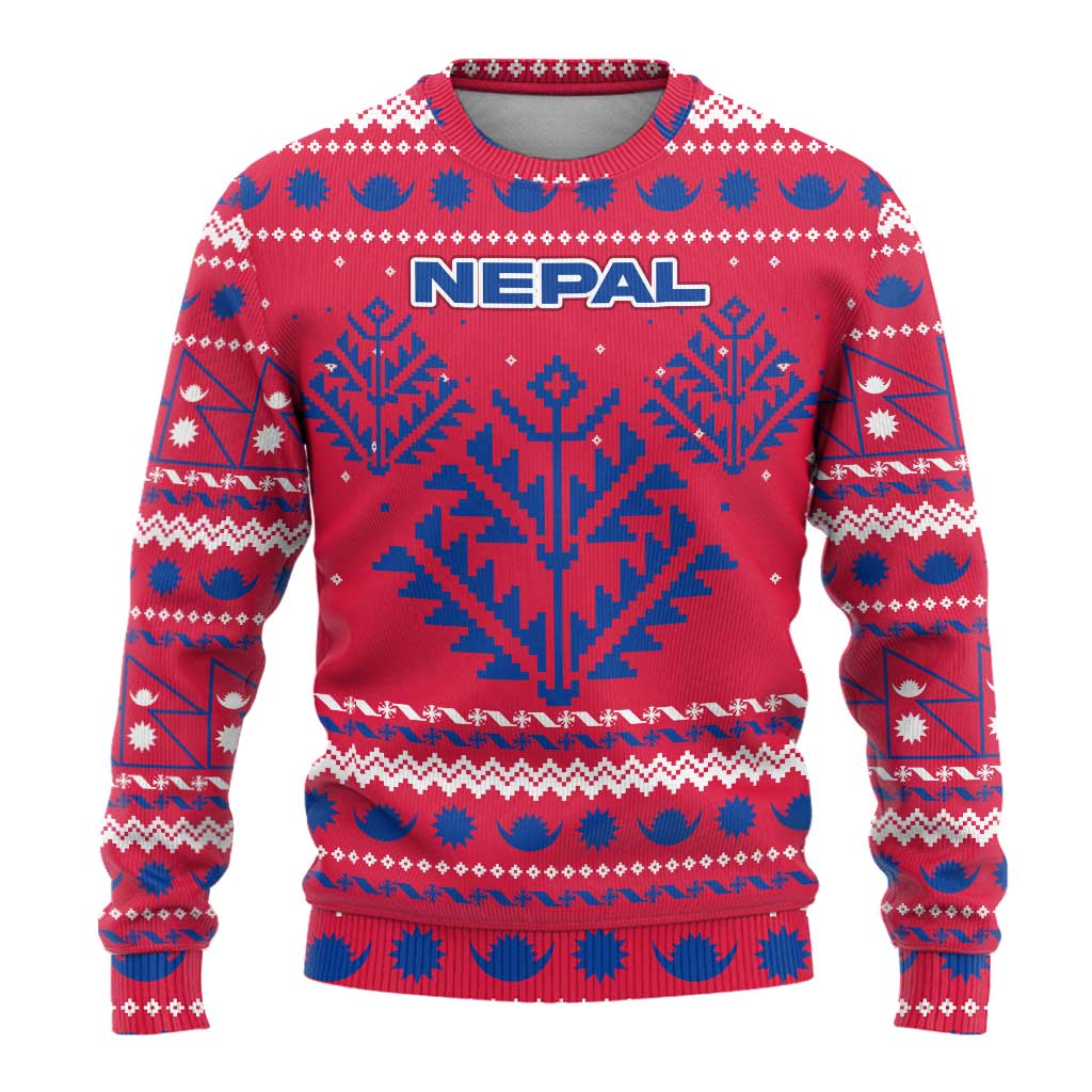Nepal Christmas Ugly Christmas Sweater with Red-Blue Design, National Emblem, and Snowflake Motif - Wonder Print Shop