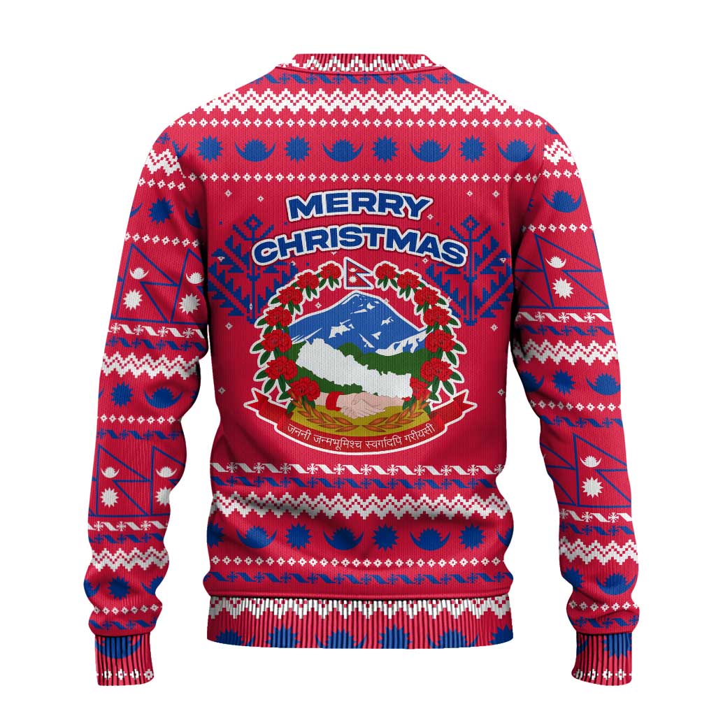 Nepal Christmas Ugly Christmas Sweater with Red-Blue Design, National Emblem, and Snowflake Motif - Wonder Print Shop