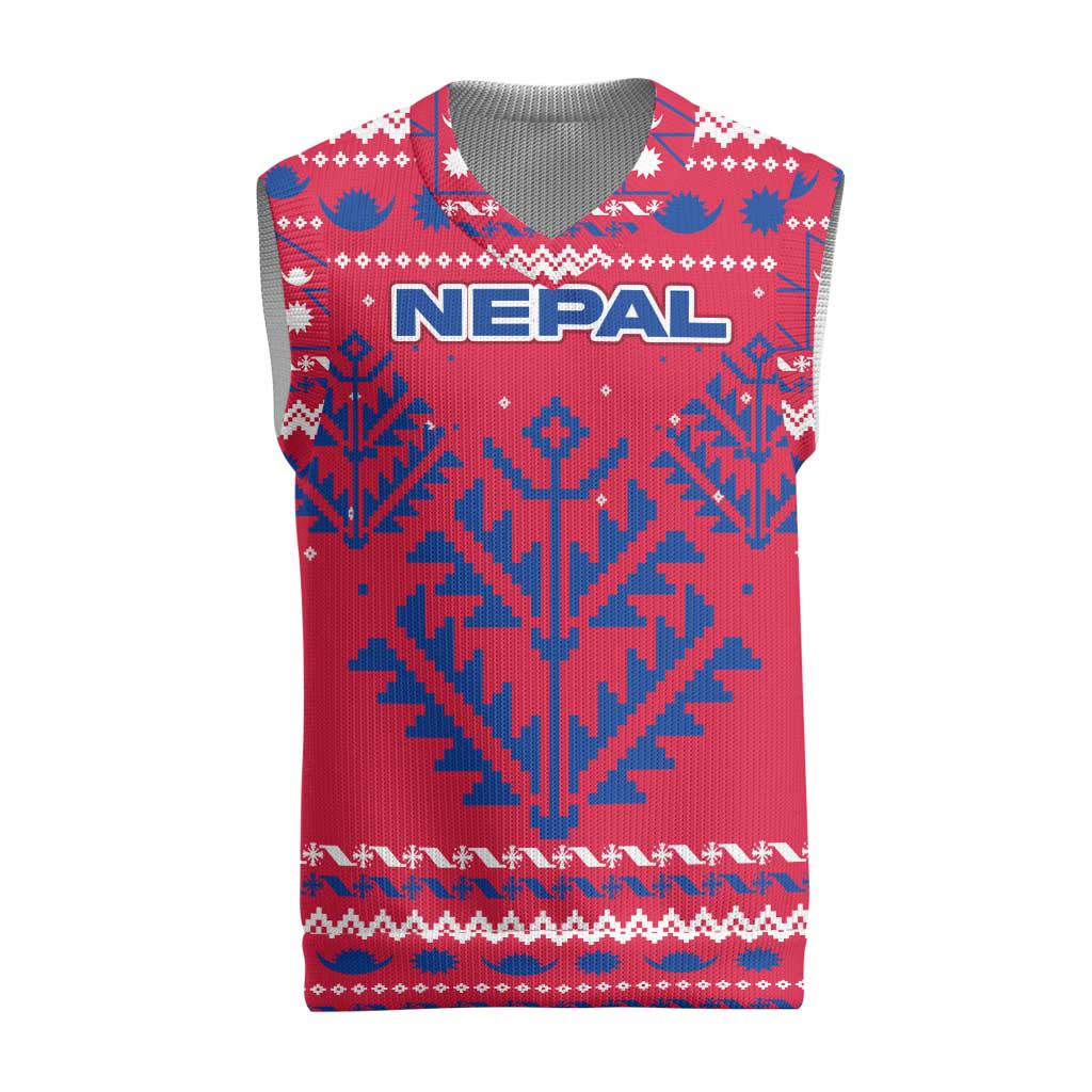 Nepal Christmas Knitted V-Neck Vest with Red-Blue Design, National Emblem, and Snowflake Motif - Wonder Print Shop