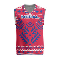 Nepal Christmas Knitted V-Neck Vest with Red-Blue Design, National Emblem, and Snowflake Motif - Wonder Print Shop