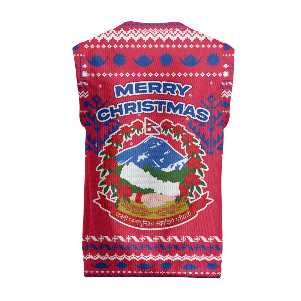 Nepal Christmas Knitted V-Neck Vest with Red-Blue Design, National Emblem, and Snowflake Motif - Wonder Print Shop