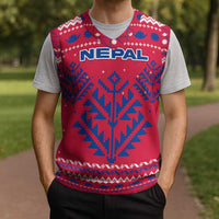 Nepal Christmas Knitted V-Neck Vest with Red-Blue Design, National Emblem, and Snowflake Motif - Wonder Print Shop