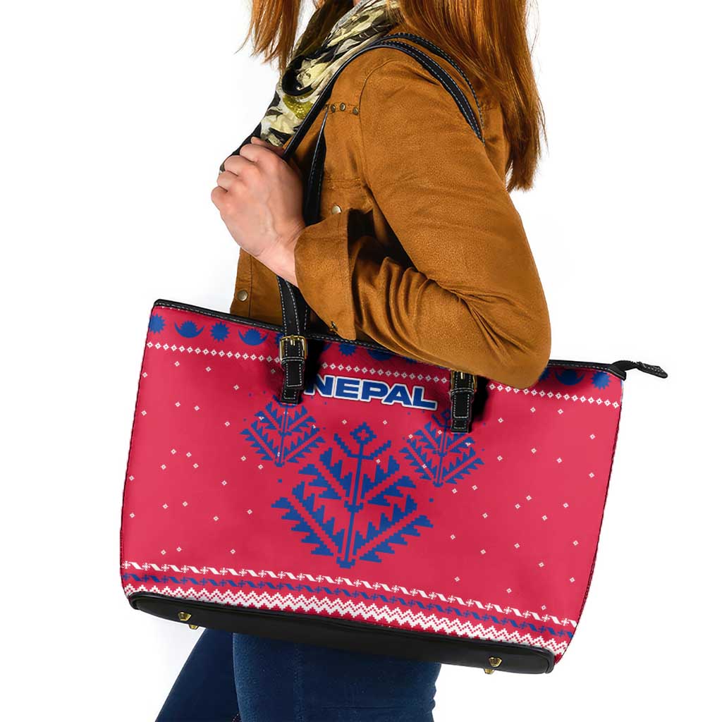 Nepal Christmas Leather Tote Bag with Red-Blue Design, National Emblem, and Snowflake Motif - Wonder Print Shop