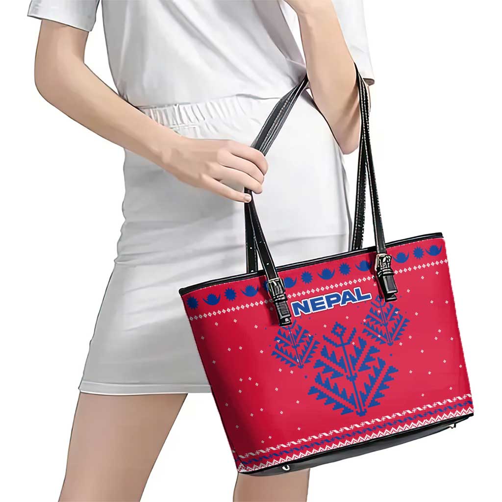 Nepal Christmas Leather Tote Bag with Red-Blue Design, National Emblem, and Snowflake Motif - Wonder Print Shop