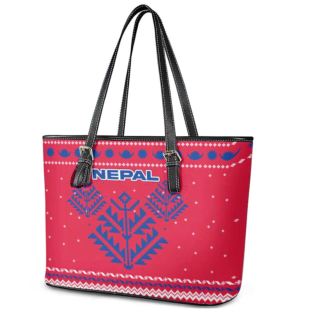 Nepal Christmas Leather Tote Bag with Red-Blue Design, National Emblem, and Snowflake Motif - Wonder Print Shop