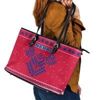 Nepal Christmas Leather Tote Bag with Red-Blue Design, National Emblem, and Snowflake Motif - Wonder Print Shop