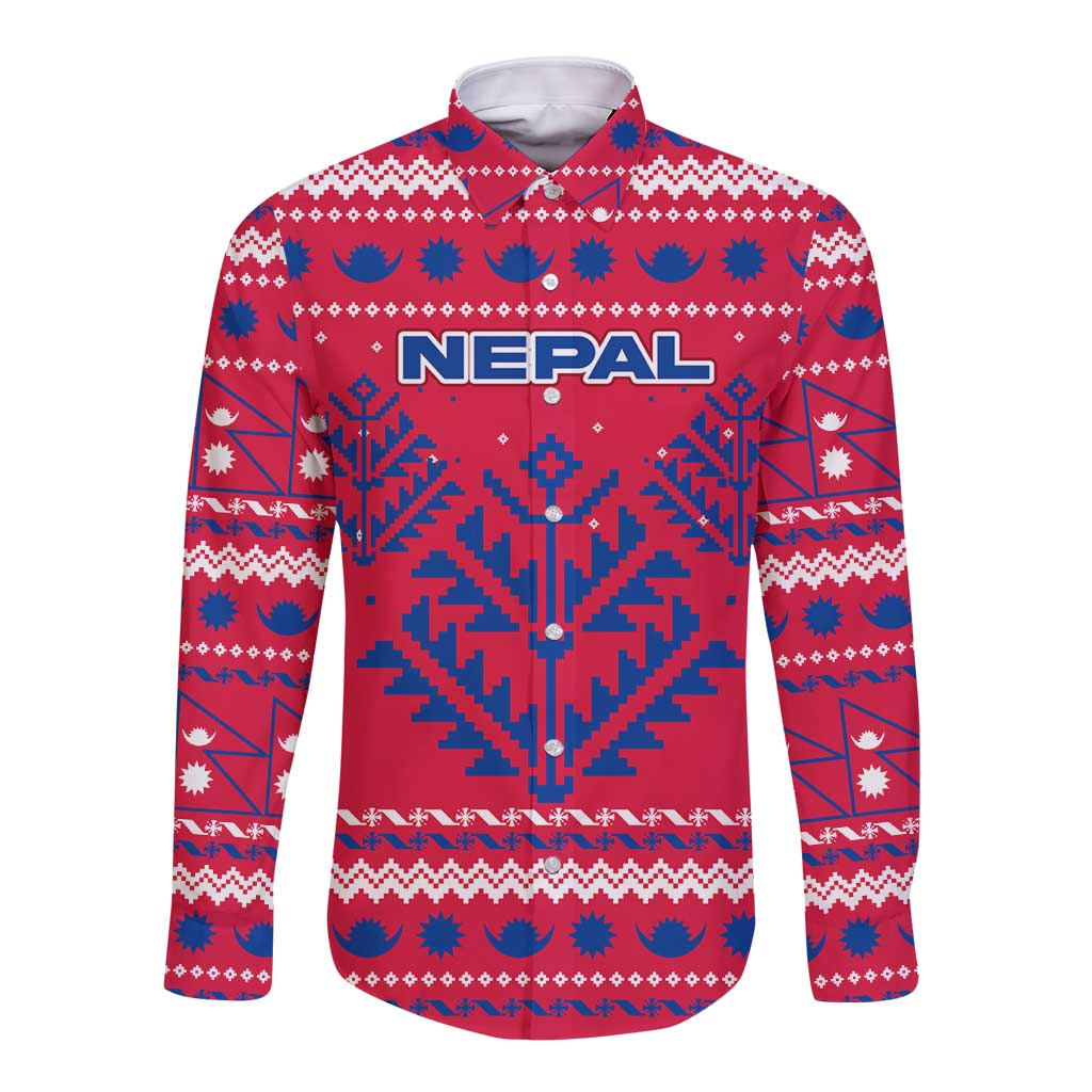 Nepal Christmas Long Sleeve Button Shirt with Red-Blue Design, National Emblem, and Snowflake Motif - Wonder Print Shop