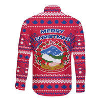 Nepal Christmas Long Sleeve Button Shirt with Red-Blue Design, National Emblem, and Snowflake Motif - Wonder Print Shop