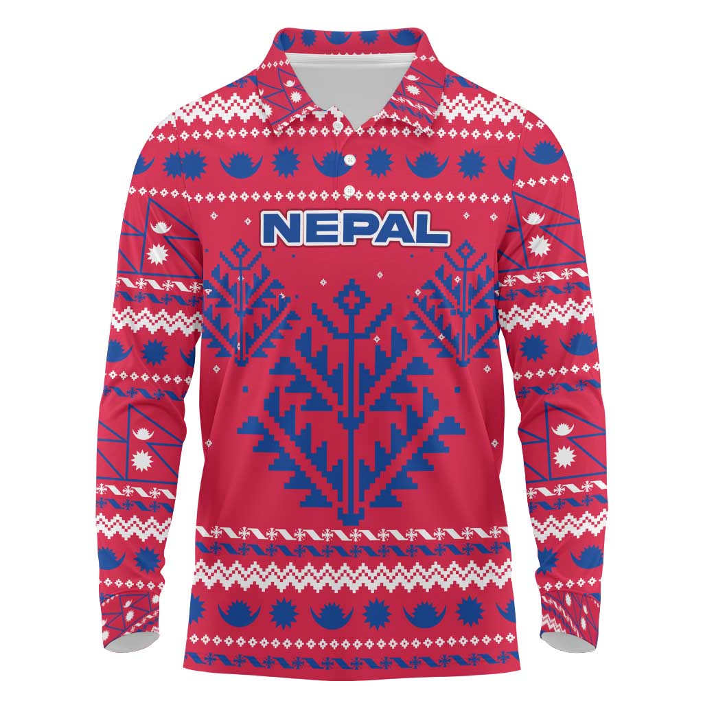 Nepal Christmas Long Sleeve Polo Shirt with Red-Blue Design, National Emblem, and Snowflake Motif - Wonder Print Shop