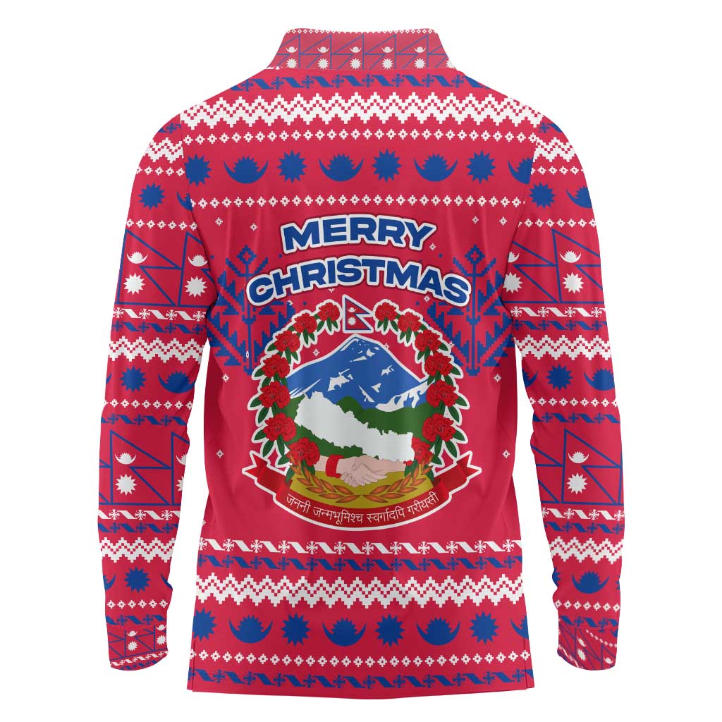 Nepal Christmas Long Sleeve Polo Shirt with Red-Blue Design, National Emblem, and Snowflake Motif - Wonder Print Shop