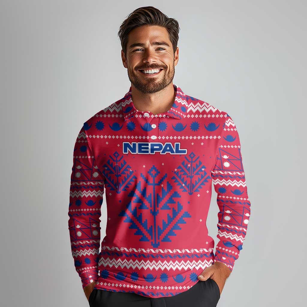 Nepal Christmas Long Sleeve Polo Shirt with Red-Blue Design, National Emblem, and Snowflake Motif - Wonder Print Shop
