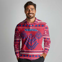 Nepal Christmas Long Sleeve Polo Shirt with Red-Blue Design, National Emblem, and Snowflake Motif - Wonder Print Shop