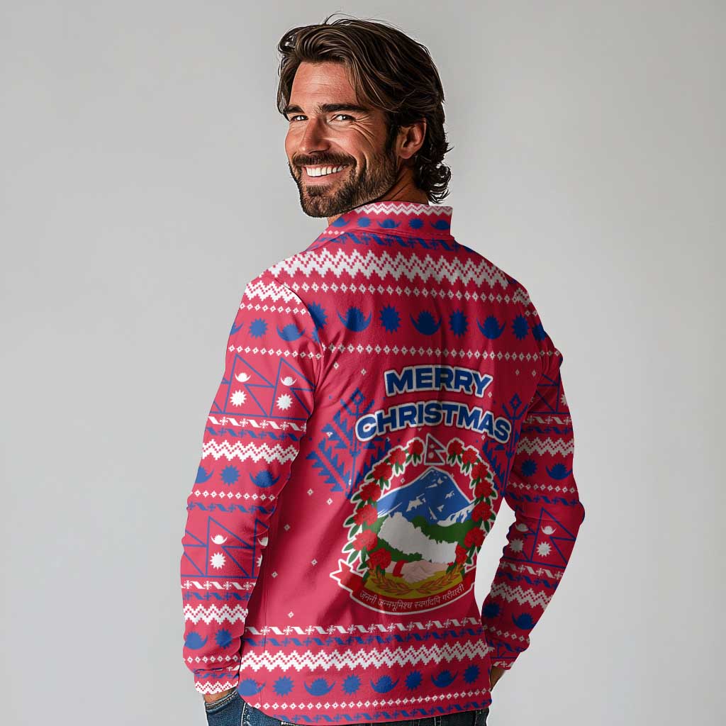 Nepal Christmas Long Sleeve Polo Shirt with Red-Blue Design, National Emblem, and Snowflake Motif - Wonder Print Shop