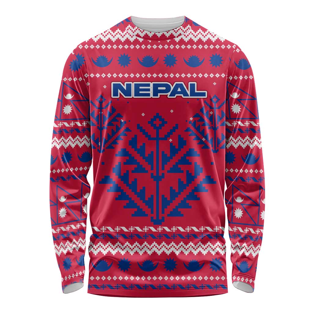 Nepal Christmas Long Sleeve Shirt with Red-Blue Design, National Emblem, and Snowflake Motif - Wonder Print Shop