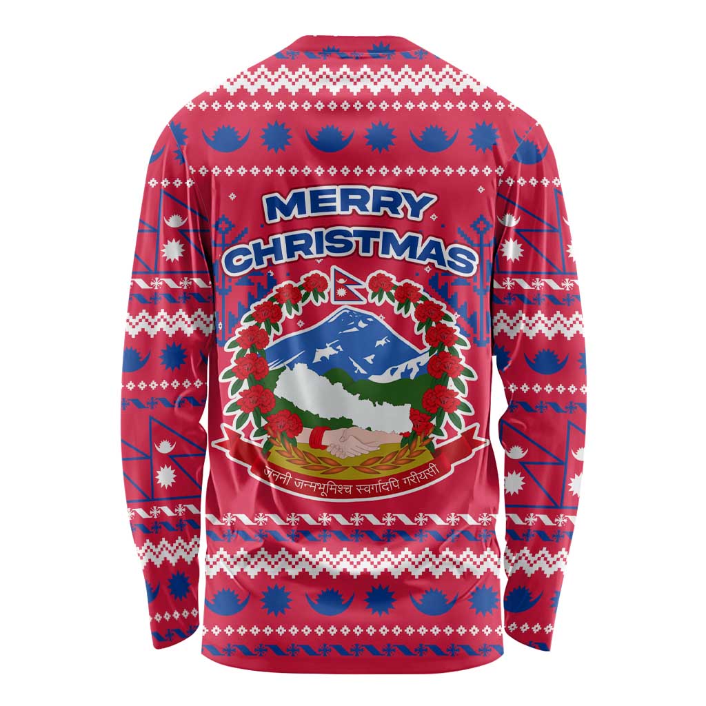 Nepal Christmas Long Sleeve Shirt with Red-Blue Design, National Emblem, and Snowflake Motif - Wonder Print Shop