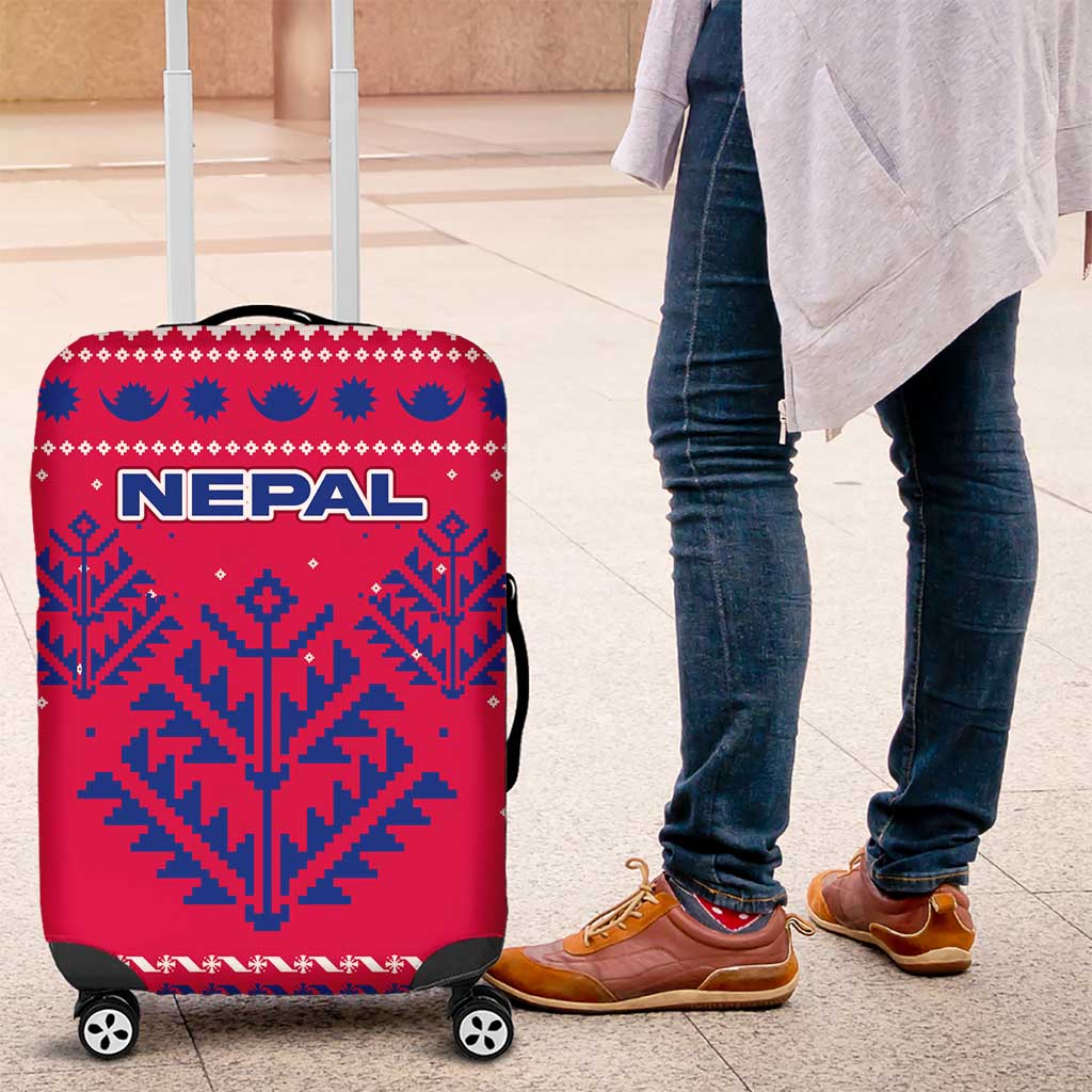 Nepal Christmas Luggage Cover with Red-Blue Design, National Emblem, and Snowflake Motif - Wonder Print Shop