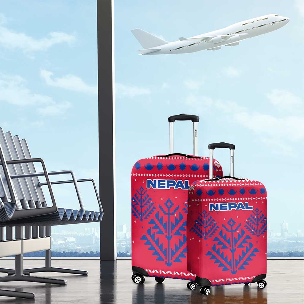 Nepal Christmas Luggage Cover with Red-Blue Design, National Emblem, and Snowflake Motif - Wonder Print Shop