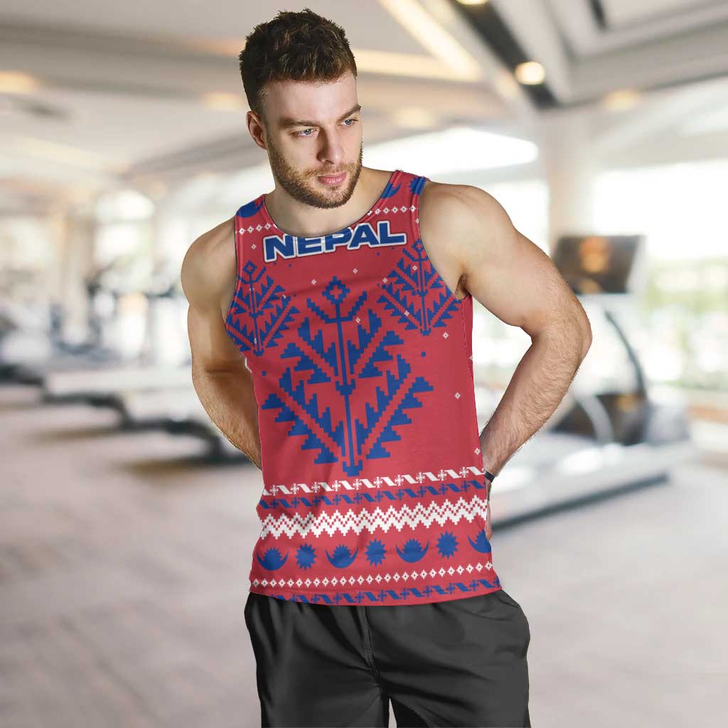 Nepal Christmas Men Tank Top with Red-Blue Design, National Emblem, and Snowflake Motif - Wonder Print Shop