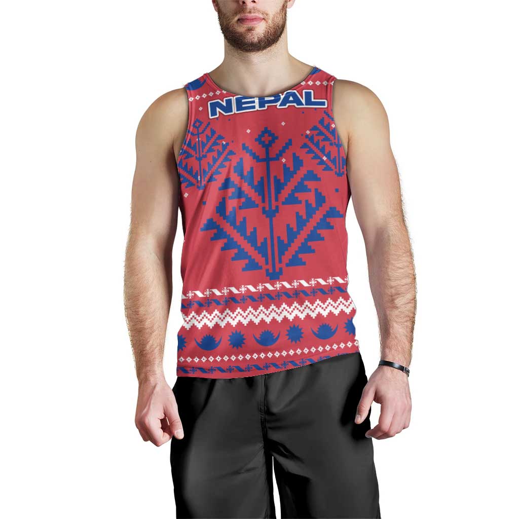 Nepal Christmas Men Tank Top with Red-Blue Design, National Emblem, and Snowflake Motif - Wonder Print Shop