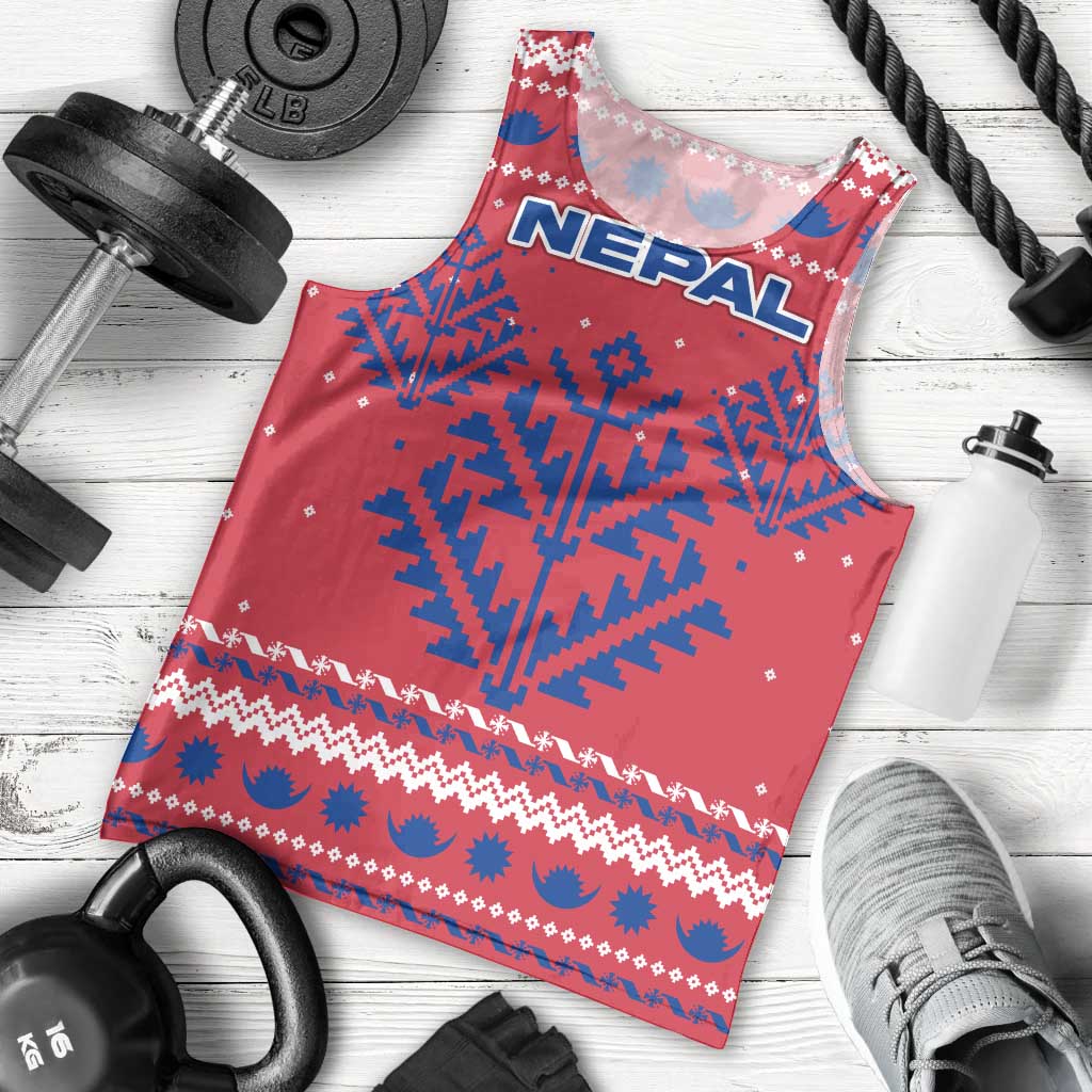 Nepal Christmas Men Tank Top with Red-Blue Design, National Emblem, and Snowflake Motif - Wonder Print Shop