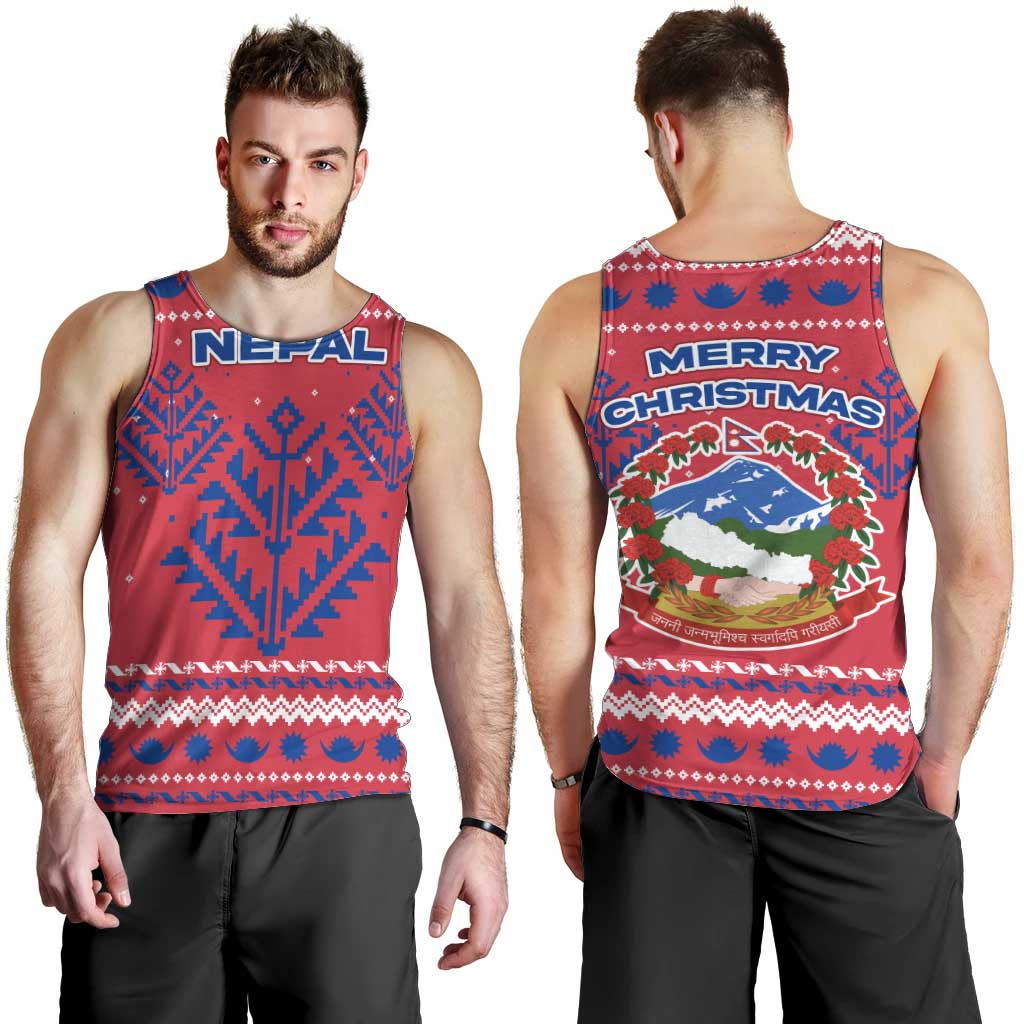 Nepal Christmas Men Tank Top with Red-Blue Design, National Emblem, and Snowflake Motif - Wonder Print Shop