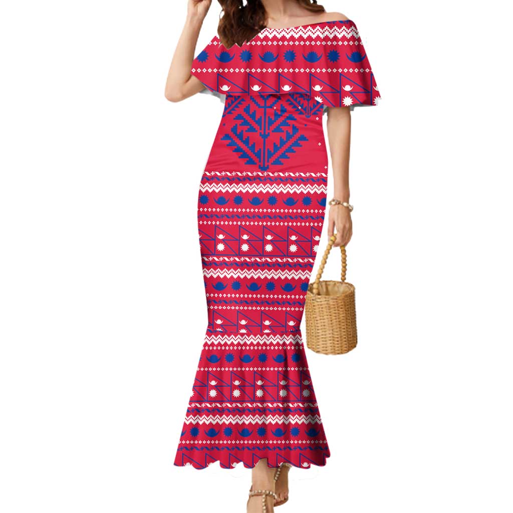 Nepal Christmas Mermaid Dress with Red-Blue Design, National Emblem, and Snowflake Motif - Wonder Print Shop