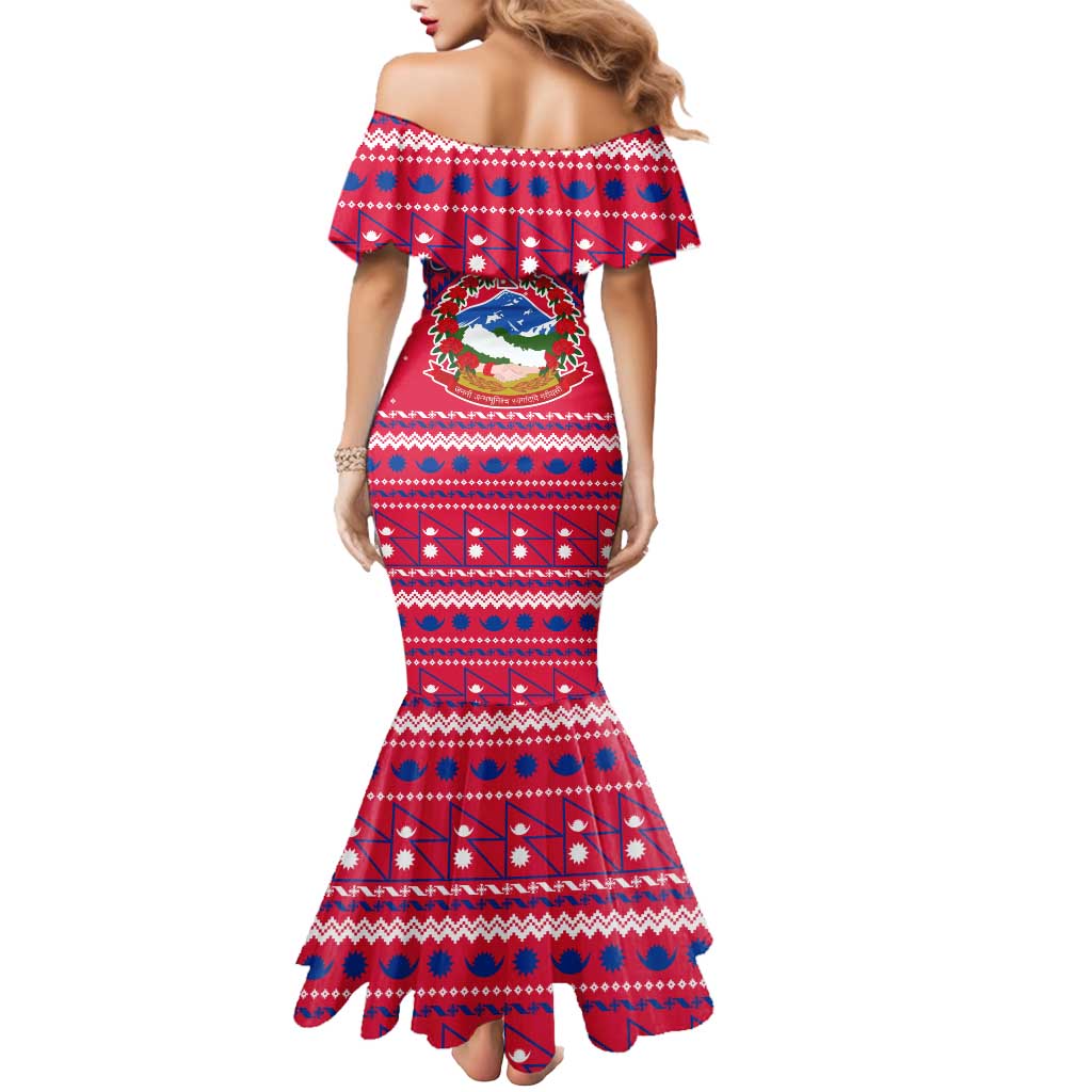 Nepal Christmas Mermaid Dress with Red-Blue Design, National Emblem, and Snowflake Motif - Wonder Print Shop