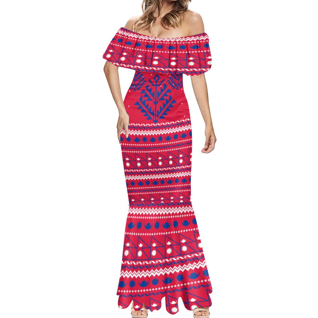 Nepal Christmas Mermaid Dress with Red-Blue Design, National Emblem, and Snowflake Motif - Wonder Print Shop