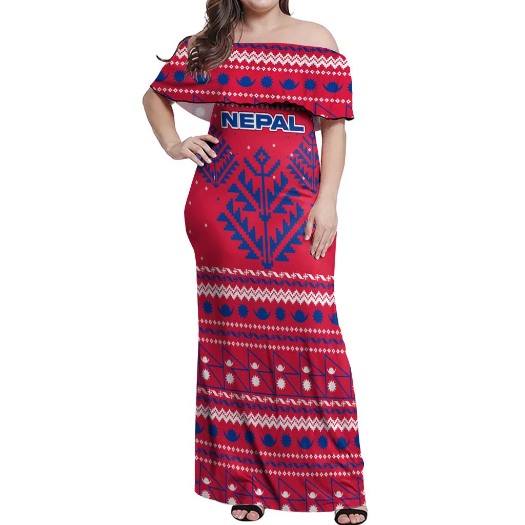 Nepal Christmas Off Shoulder Maxi Dress with Red-Blue Design, National Emblem, and Snowflake Motif - Wonder Print Shop