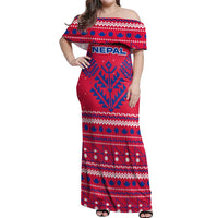 Nepal Christmas Off Shoulder Maxi Dress with Red-Blue Design, National Emblem, and Snowflake Motif - Wonder Print Shop