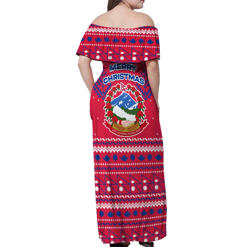 Nepal Christmas Off Shoulder Maxi Dress with Red-Blue Design, National Emblem, and Snowflake Motif