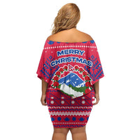 Nepal Christmas Off Shoulder Short Dress with Red-Blue Design, National Emblem, and Snowflake Motif - Wonder Print Shop