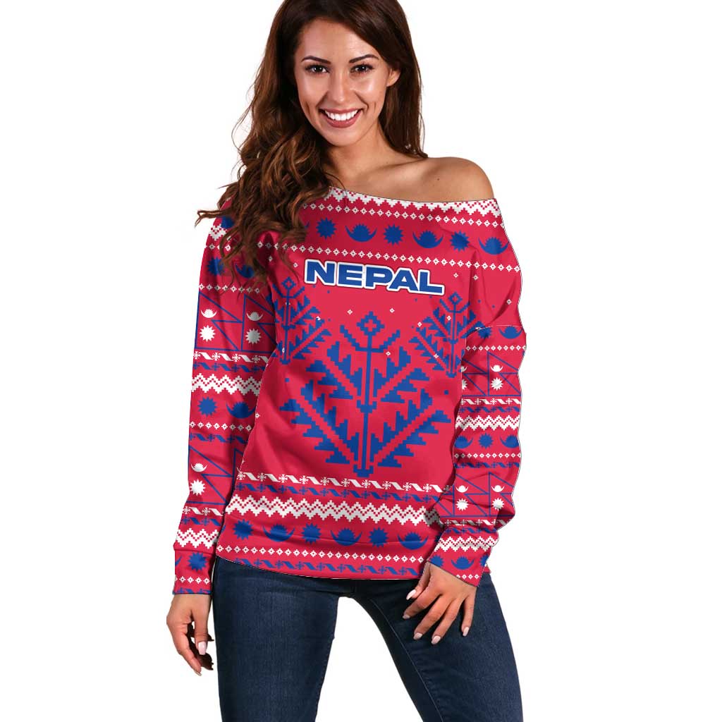 Nepal Christmas Off Shoulder Sweater with Red-Blue Design, National Emblem, and Snowflake Motif - Wonder Print Shop